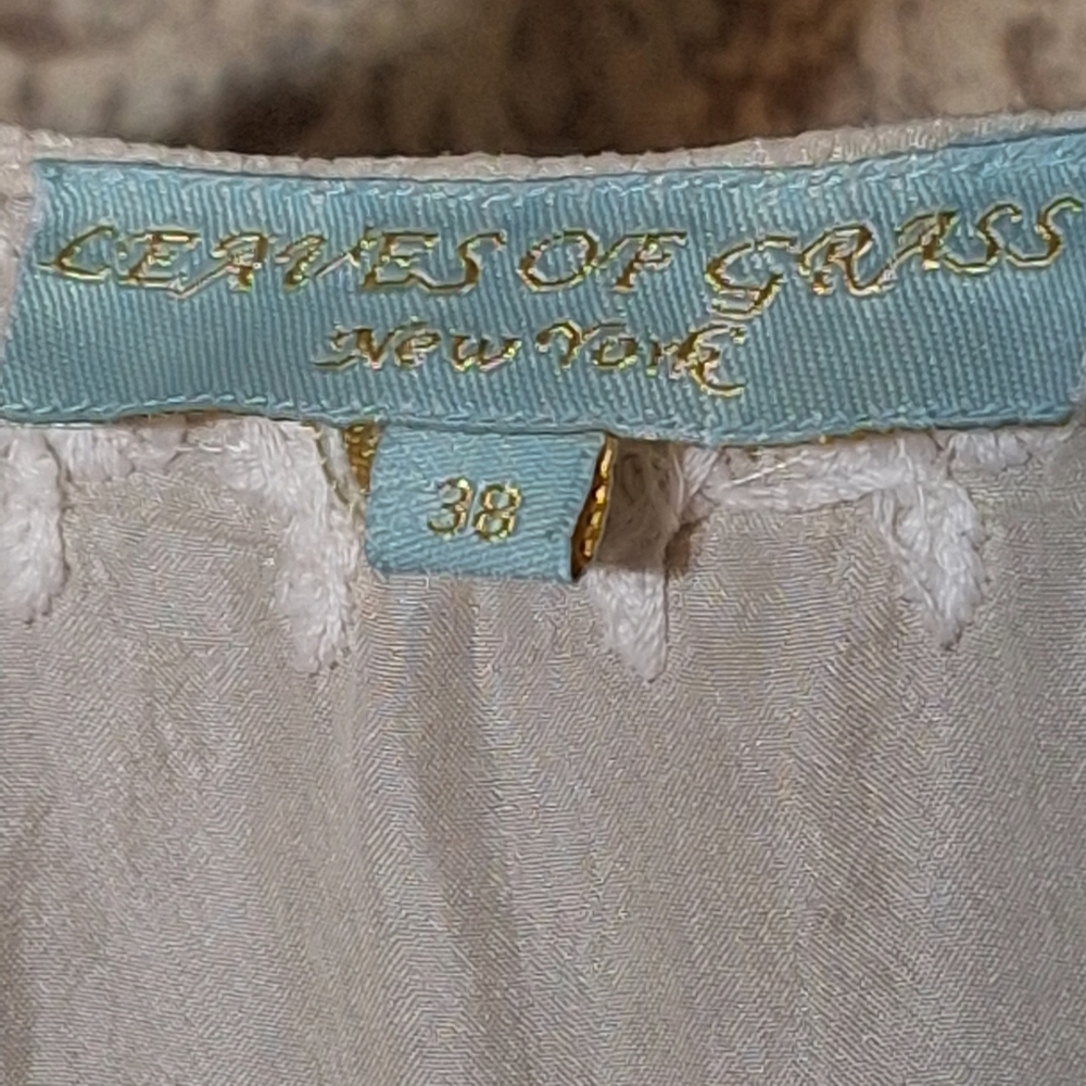 Leaves of Grass Medium Beige Embroidered Sequin Rhinestone Tunic Top 100% Silk - Picture 5 of 10